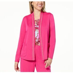 IMAN Global Chic Ponte Topper cardigan Chain Detail pink hibiscus size XS NWOT